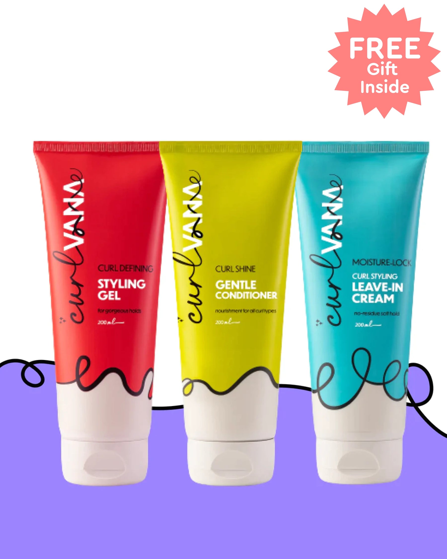 Curlvana Detangling & Styling Kit, Leave in cream, gel and conditioner - 200ml each.