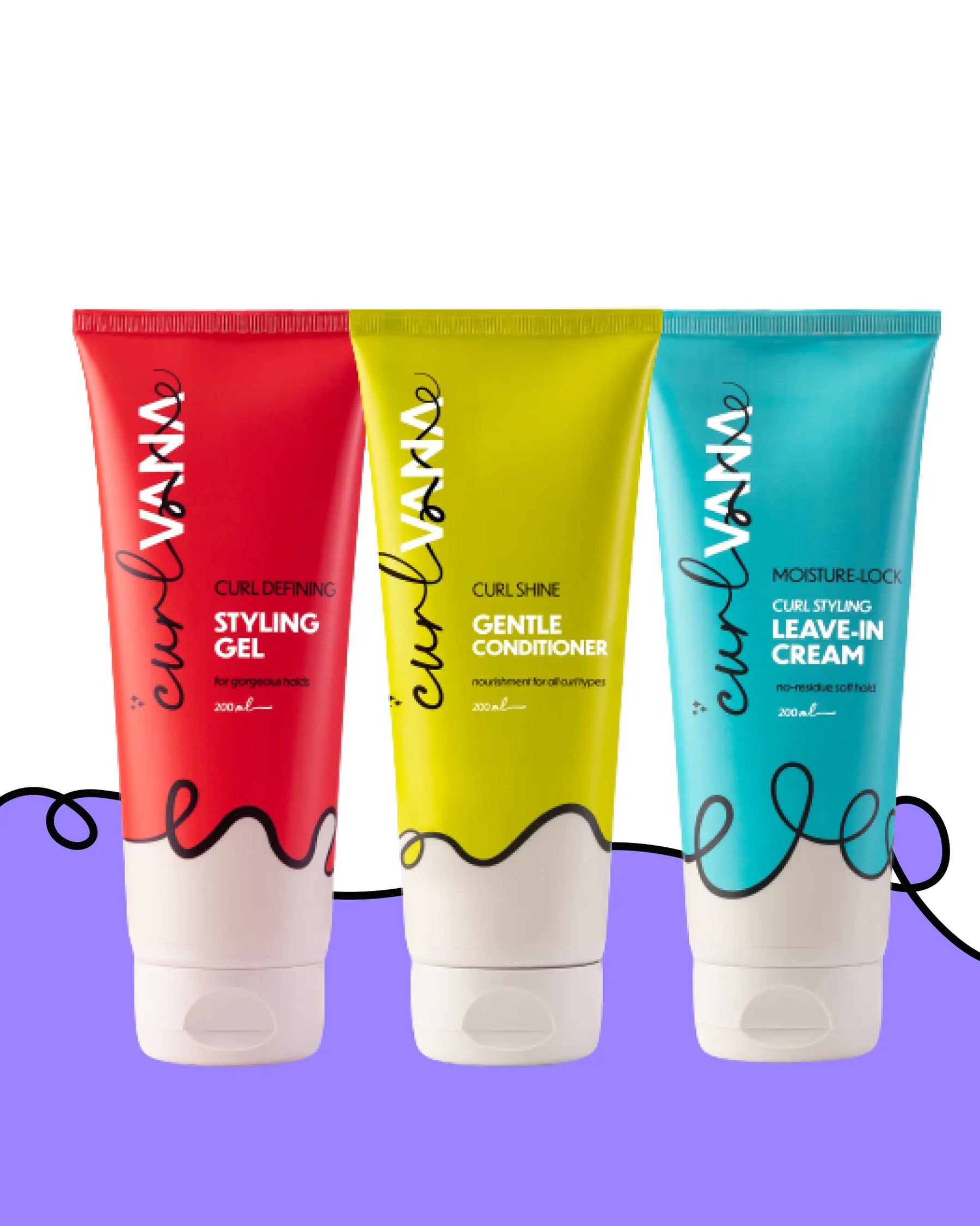 Curlvana Detangling & Styling Kit, Leave in cream, gel and conditioner - 200ml each.