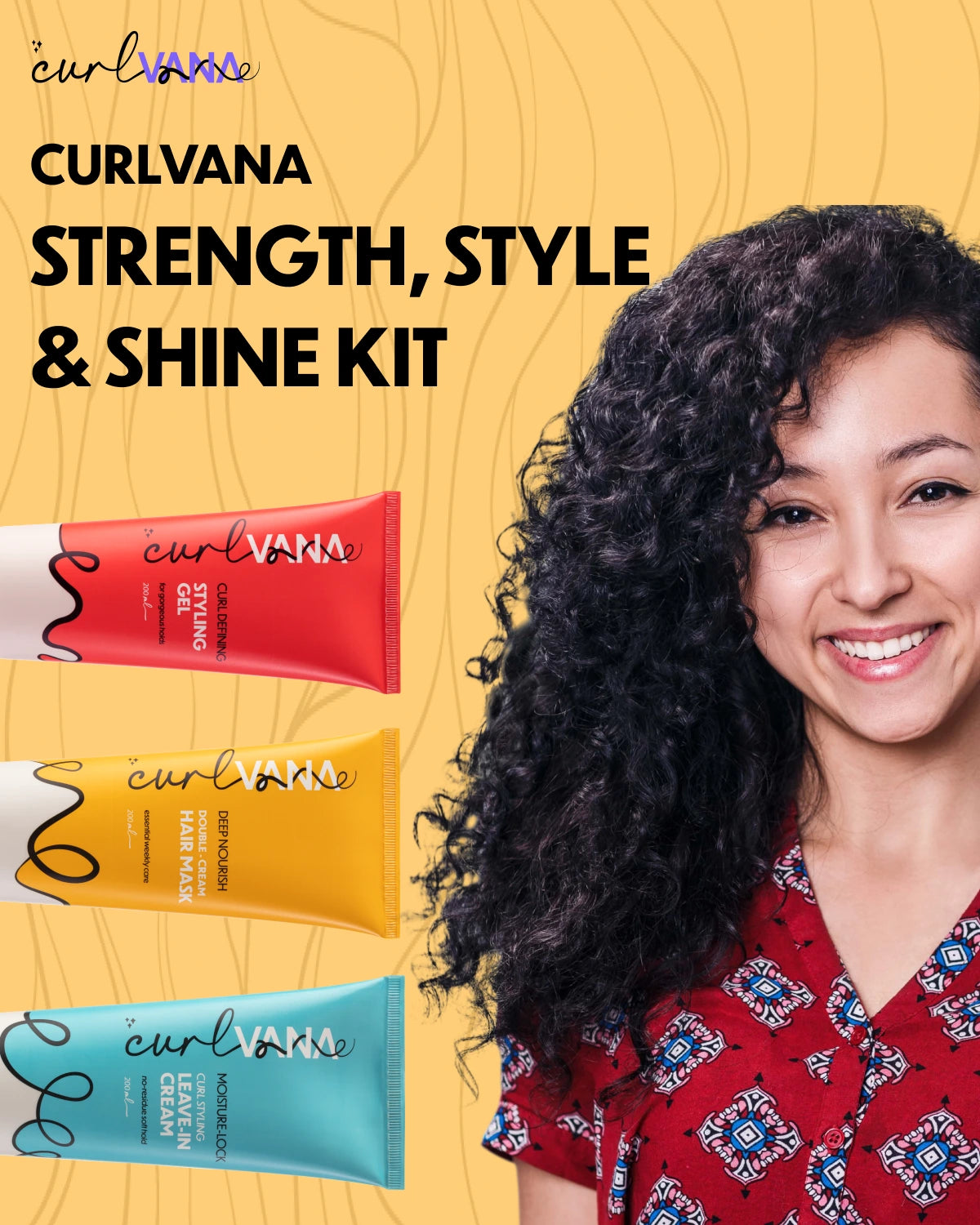 Curlvana Strength, Style & Shine Kit, Leave in cream, Styling gel and Hair Mask - 200ml each.